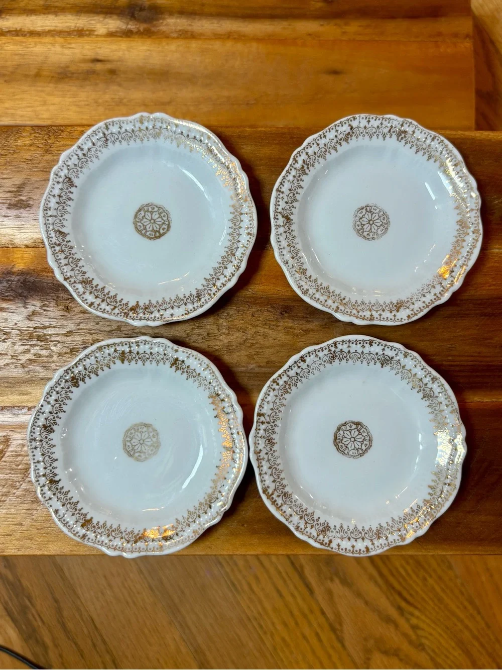 4 Antique O&E.G. Royal Austria porcelain butter pats gold details green mark VTG